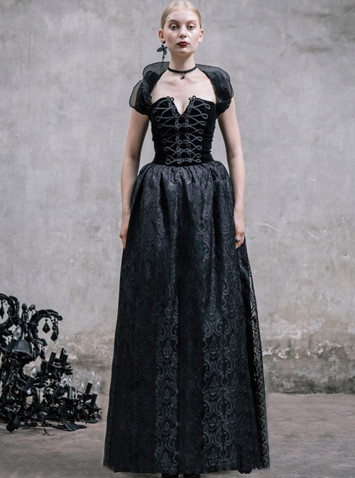 Black Slim Changeable Gothic Hanging Neck Type Backless Long Dress With Detachable Collar