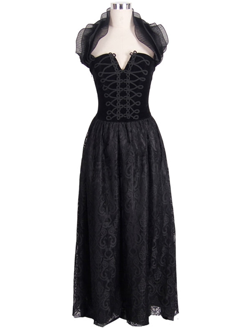 Black Slim Changeable Gothic Hanging Neck Type Backless Long Dress With Detachable Collar