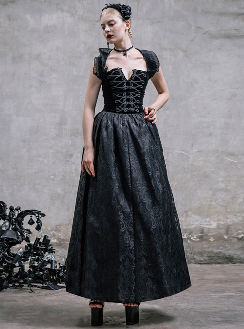 Black Slim Changeable Gothic Hanging Neck Type Backless Long Dress With Detachable Collar