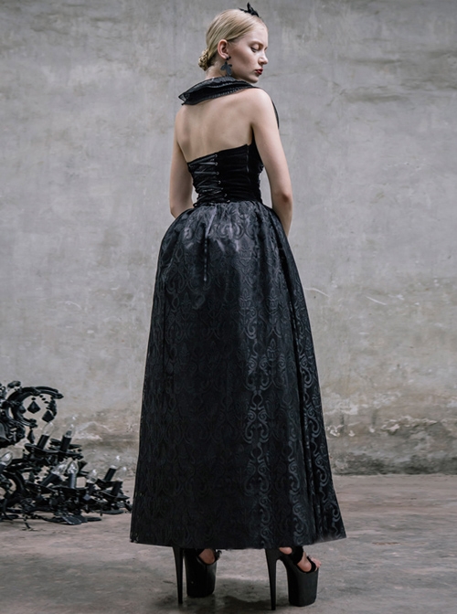 Black Slim Changeable Gothic Hanging Neck Type Backless Long Dress With Detachable Collar