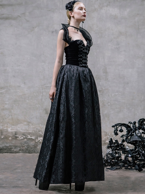 Black Slim Changeable Gothic Hanging Neck Type Backless Long Dress With Detachable Collar