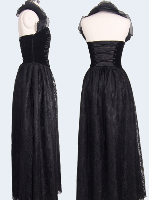 Black Slim Changeable Gothic Hanging Neck Type Backless Long Dress With Detachable Collar