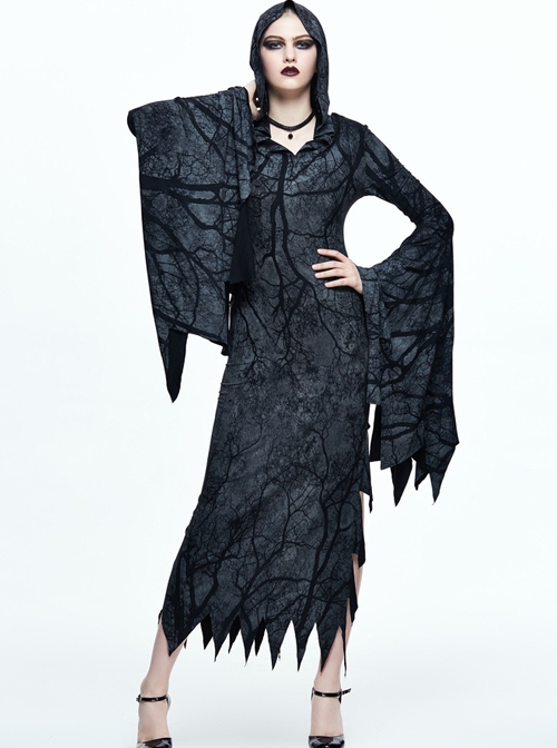 Black Hooded Halloween Bat Sleeve Tree Branch Printing Gothic Long Sleeve Long Style Vision Dress