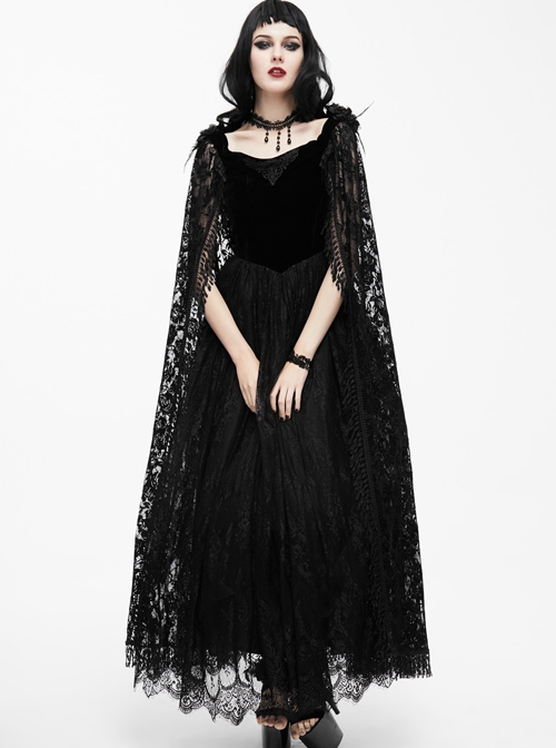 Black Slim Stitching Gothic Sling Long Dress With Rose Embroidery Cloak