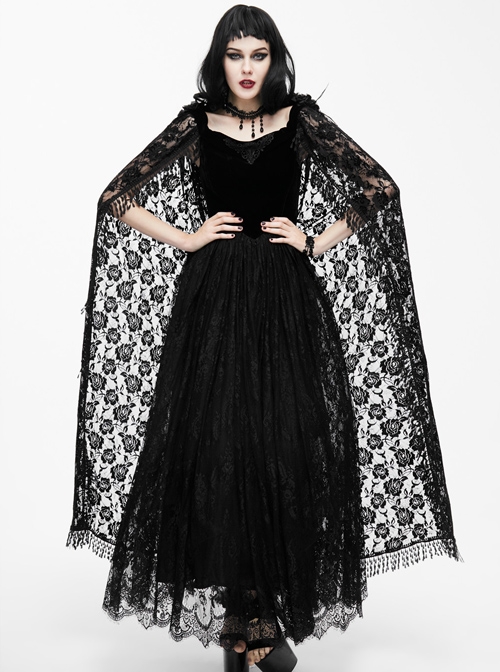 Black Slim Stitching Gothic Sling Long Dress With Rose Embroidery Cloak