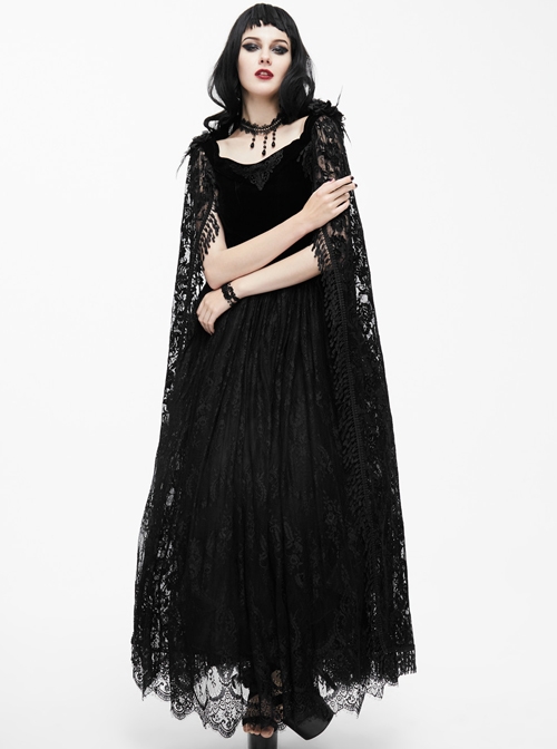 Black Slim Stitching Gothic Sling Long Dress With Rose Embroidery Cloak