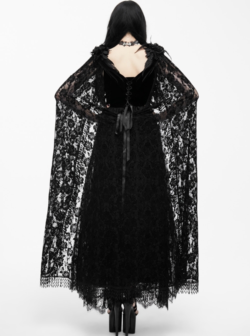 Black Slim Stitching Gothic Sling Long Dress With Rose Embroidery Cloak