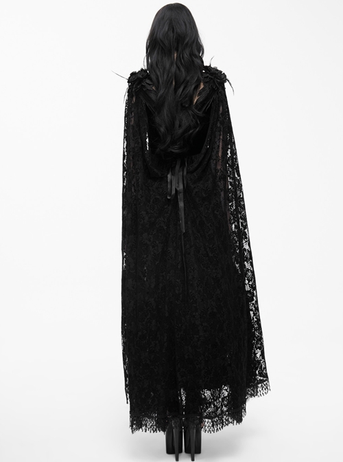 Black Slim Stitching Gothic Sling Long Dress With Rose Embroidery Cloak