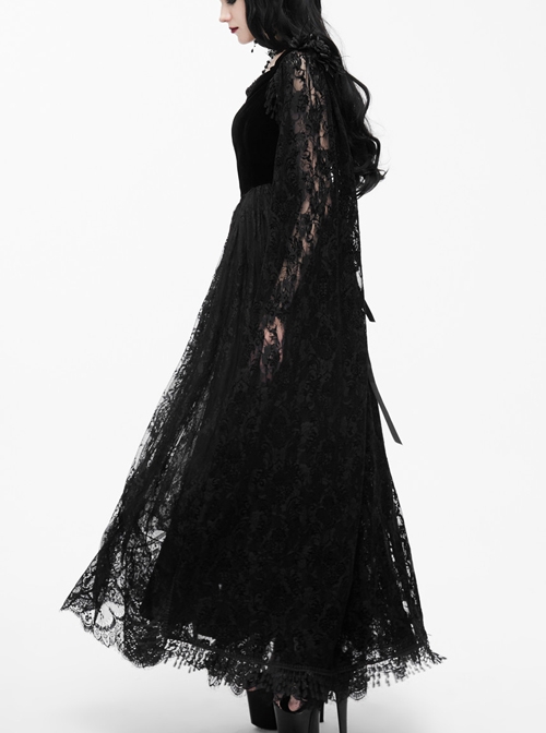 Black Slim Stitching Gothic Sling Long Dress With Rose Embroidery Cloak