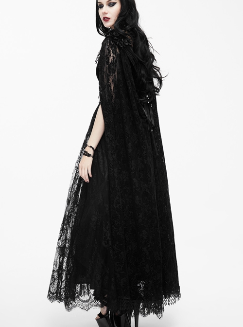 Black Slim Stitching Gothic Sling Long Dress With Rose Embroidery Cloak