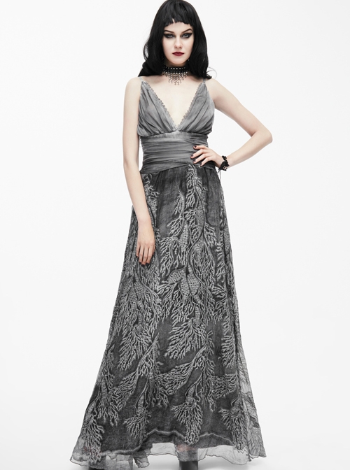 Silver Sexy V-collar Printing Gothic Sling Backless Dress