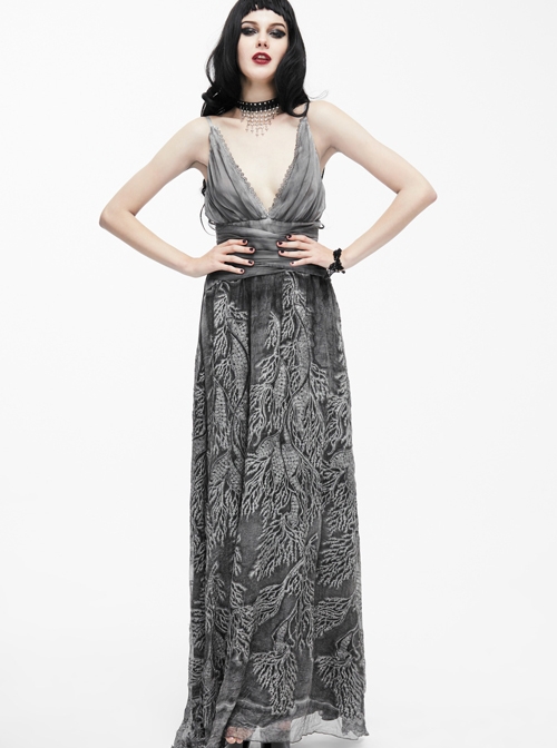 Silver Sexy V-collar Printing Gothic Sling Backless Dress