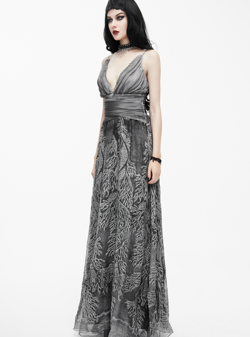 Silver Sexy V-collar Printing Gothic Sling Backless Dress