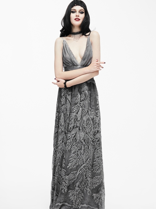 Silver Sexy V-collar Printing Gothic Sling Backless Dress