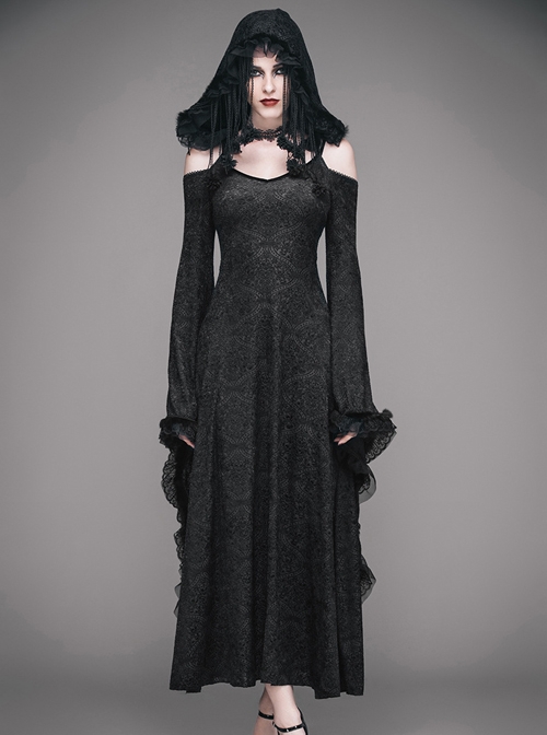 Black Gothic Slim Tassel Hooded Off Shoulder Long Sleeve Dress