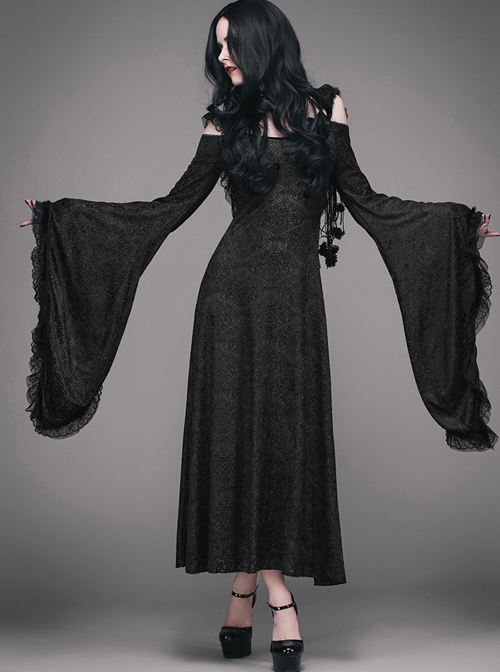 Black Gothic Slim Tassel Hooded Off Shoulder Long Sleeve Dress - Magic ...