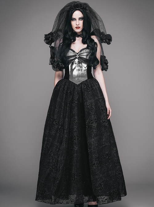 Black Halloween Sexy Graveyard Forest Printing Gothic Sling Dress