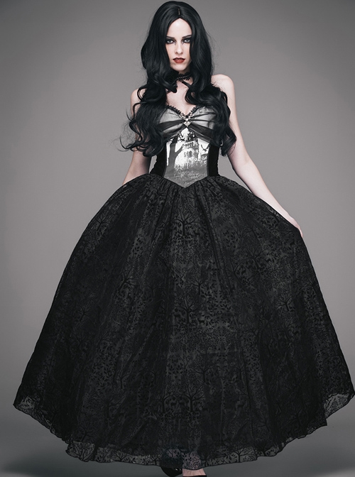 Black Halloween Sexy Graveyard Forest Printing Gothic Sling Dress ...