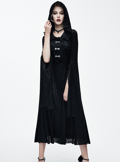 Black Lace Hooded Slim Retro Gothic Trumpet Sleeve Lace-up Dress