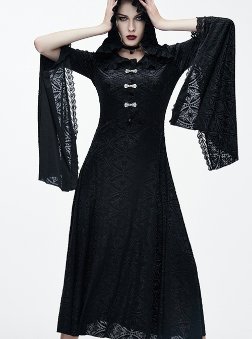 Black Lace Hooded Slim Retro Gothic Trumpet Sleeve Lace-up Dress ...