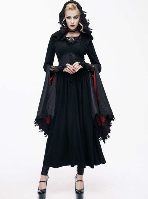 Black Lace Hooded Slim Gothic Trumpet Sleeve Witch Dress