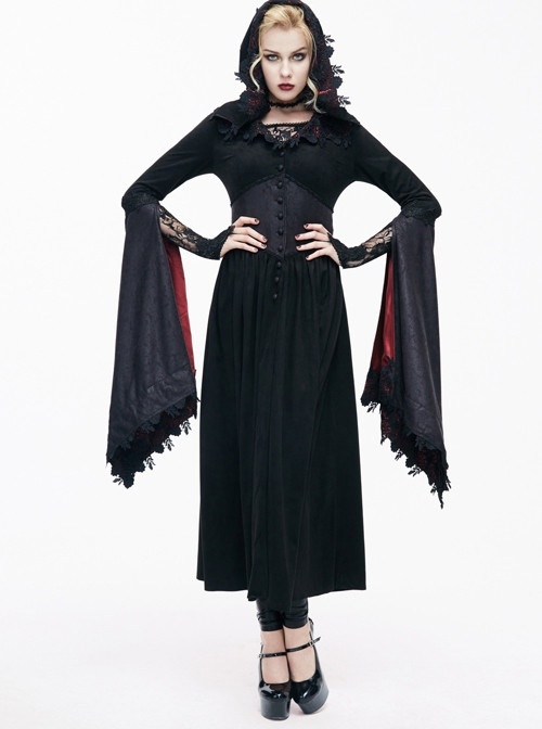Black Lace Hooded Slim Gothic Trumpet Sleeve Witch Dress