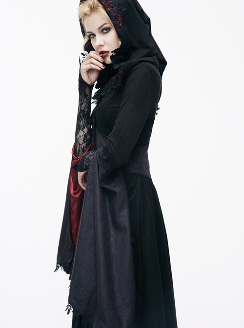 Black Lace Hooded Slim Gothic Trumpet Sleeve Witch Dress