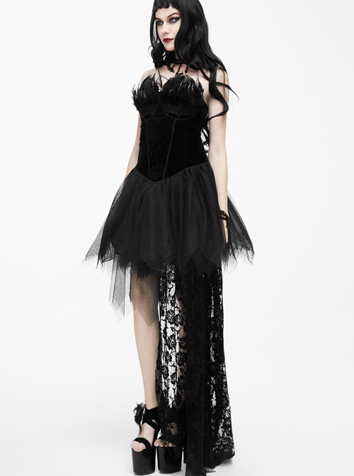 Black Sexy Feather Decoration Gothic Lace Tail Strapless Yarn Short Dress