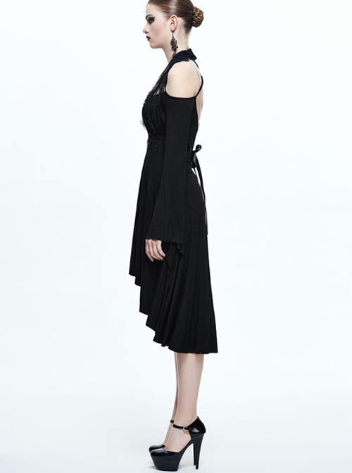 Black Eyelash-lace Collar Gothic Slim Backless Long Sleeve Dress