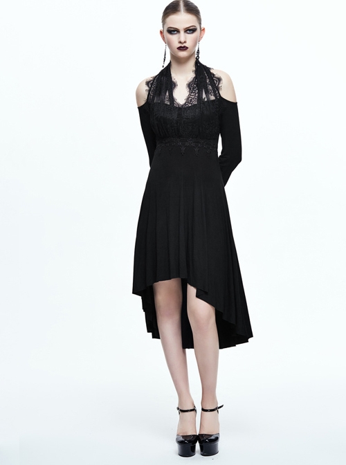Black Eyelash-lace Collar Gothic Slim Backless Long Sleeve Dress