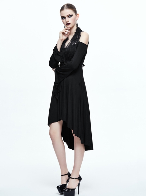 Black Eyelash-lace Collar Gothic Slim Backless Long Sleeve Dress