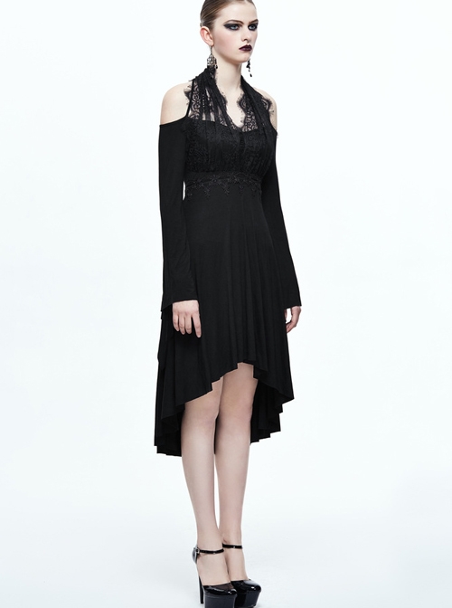 Black Eyelash-lace Collar Gothic Slim Backless Long Sleeve Dress