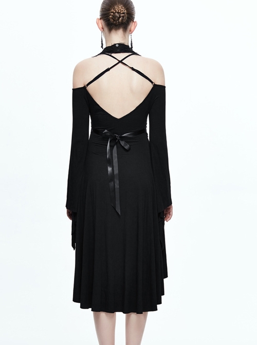 Black Eyelash-lace Collar Gothic Slim Backless Long Sleeve Dress