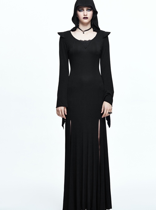 Black Leg opening Slim Witch Hooded Long Trumpet Sleeve Dress