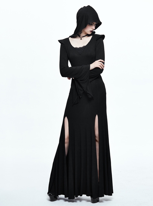 Black Leg opening Slim Witch Hooded Long Trumpet Sleeve Dress