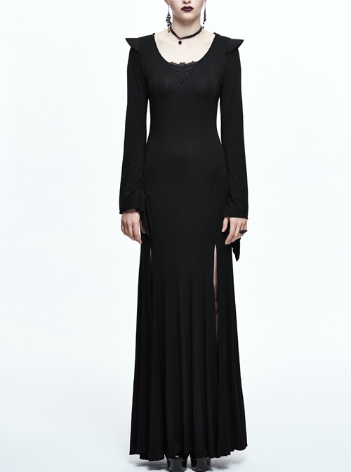Black Leg opening Slim Witch Hooded Long Trumpet Sleeve Dress