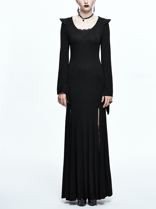 Black Leg opening Slim Witch Hooded Long Trumpet Sleeve Dress