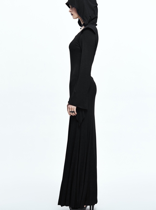 Black Leg opening Slim Witch Hooded Long Trumpet Sleeve Dress