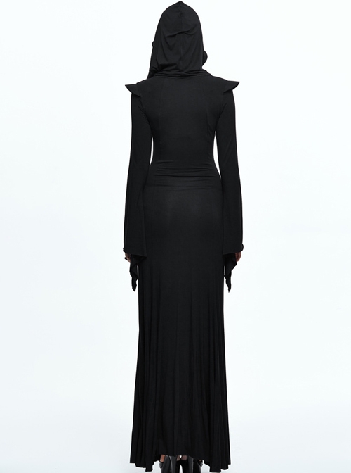 Black Leg opening Slim Witch Hooded Long Trumpet Sleeve Dress