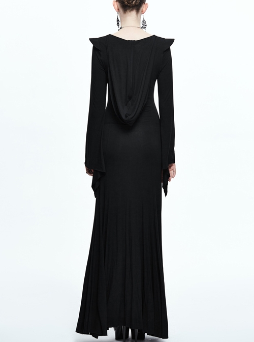 Black Leg opening Slim Witch Hooded Long Trumpet Sleeve Dress