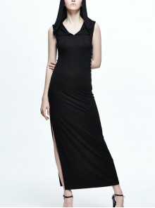 Black Slim Hooded Unique Waist Design Gothic Sleeveless Dress