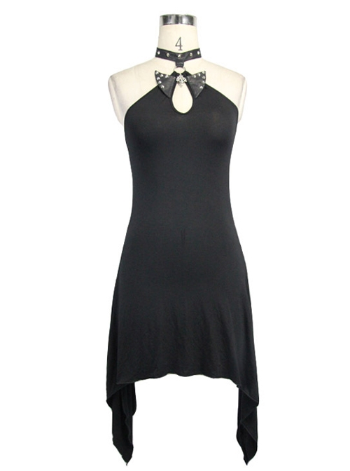 Gothic Skull Pendant Black Irregular Hem Halter Dress