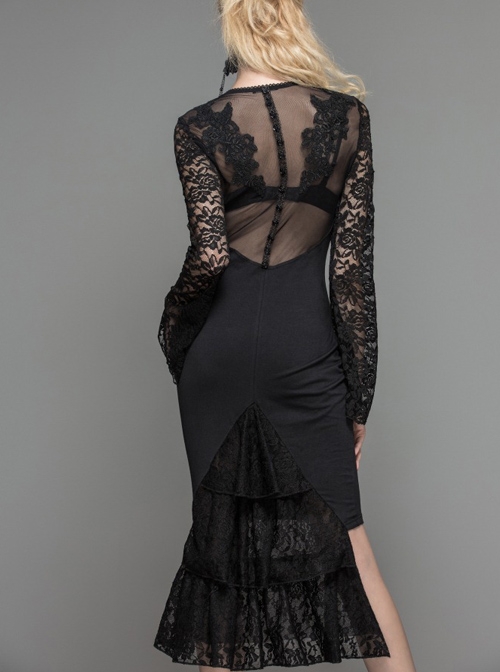 Gothic Black Lace Fishtail Hem Delicate Lace Long Sleeves Dress