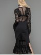 Gothic Black Lace Fishtail Hem Delicate Lace Long Sleeves Dress
