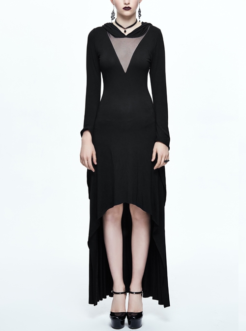 Black Translucent Low-cut Collar Gothic Pointed Hooded Long Sleeve Long Dress