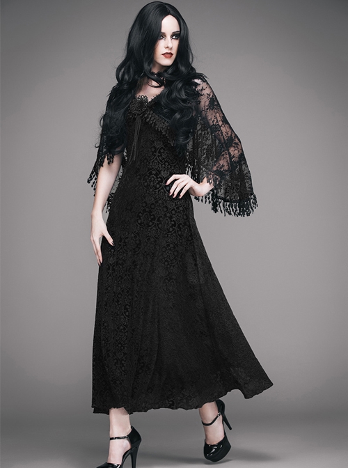 Gothic Black Velour Sling Dress With Lace Feather Tassel Shawl Set