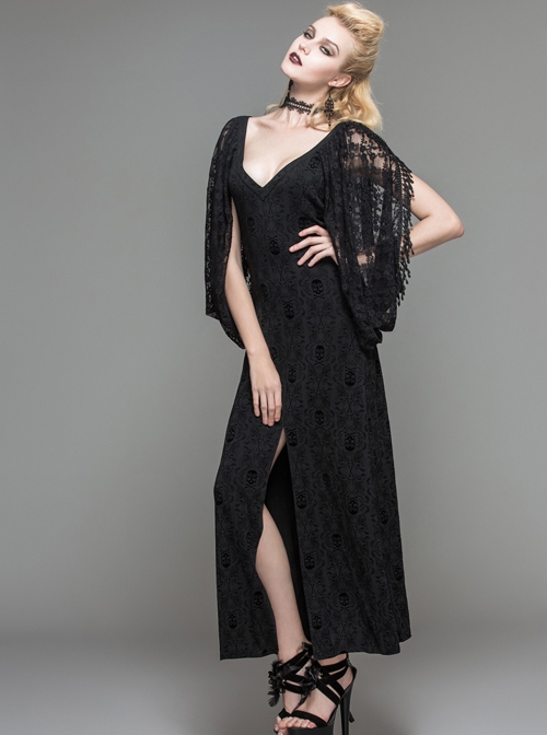 Black Gothic Low Cut V-Neck Lace Long Dress