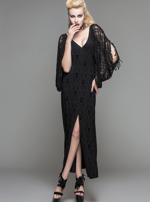 Black Gothic Low Cut V-Neck Lace Long Dress
