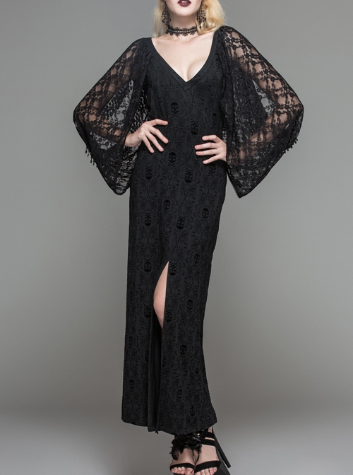 Black Gothic Low Cut V-Neck Lace Long Dress