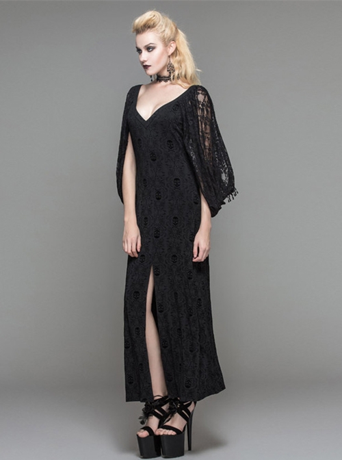 Black Gothic Low Cut V-Neck Lace Long Dress